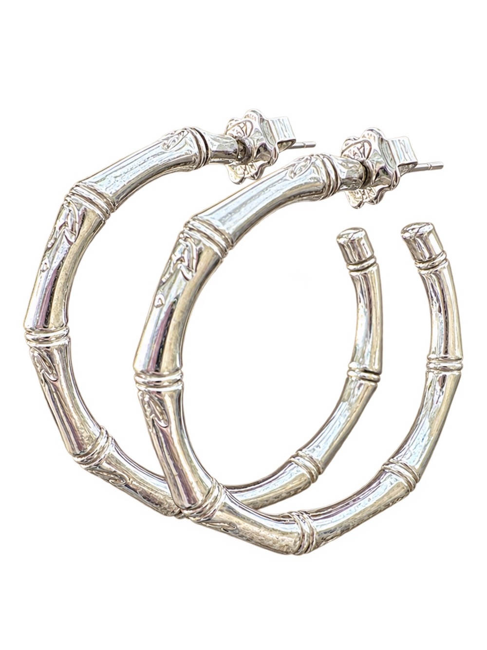 Avon Silver Tone Bamboo Style Hoop Earrings 1 3/8” Vintage